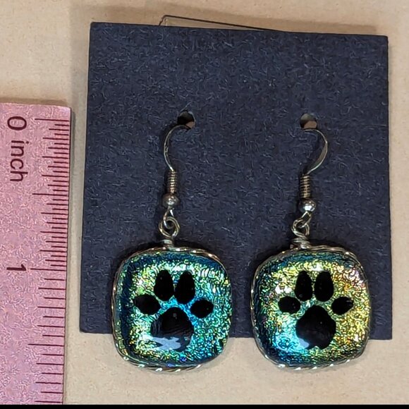 Handmade Jewelry - WOW Blue & Green Dichroic PAW PRINT Sterling Silver Wire-Wrapped Glass Earrings